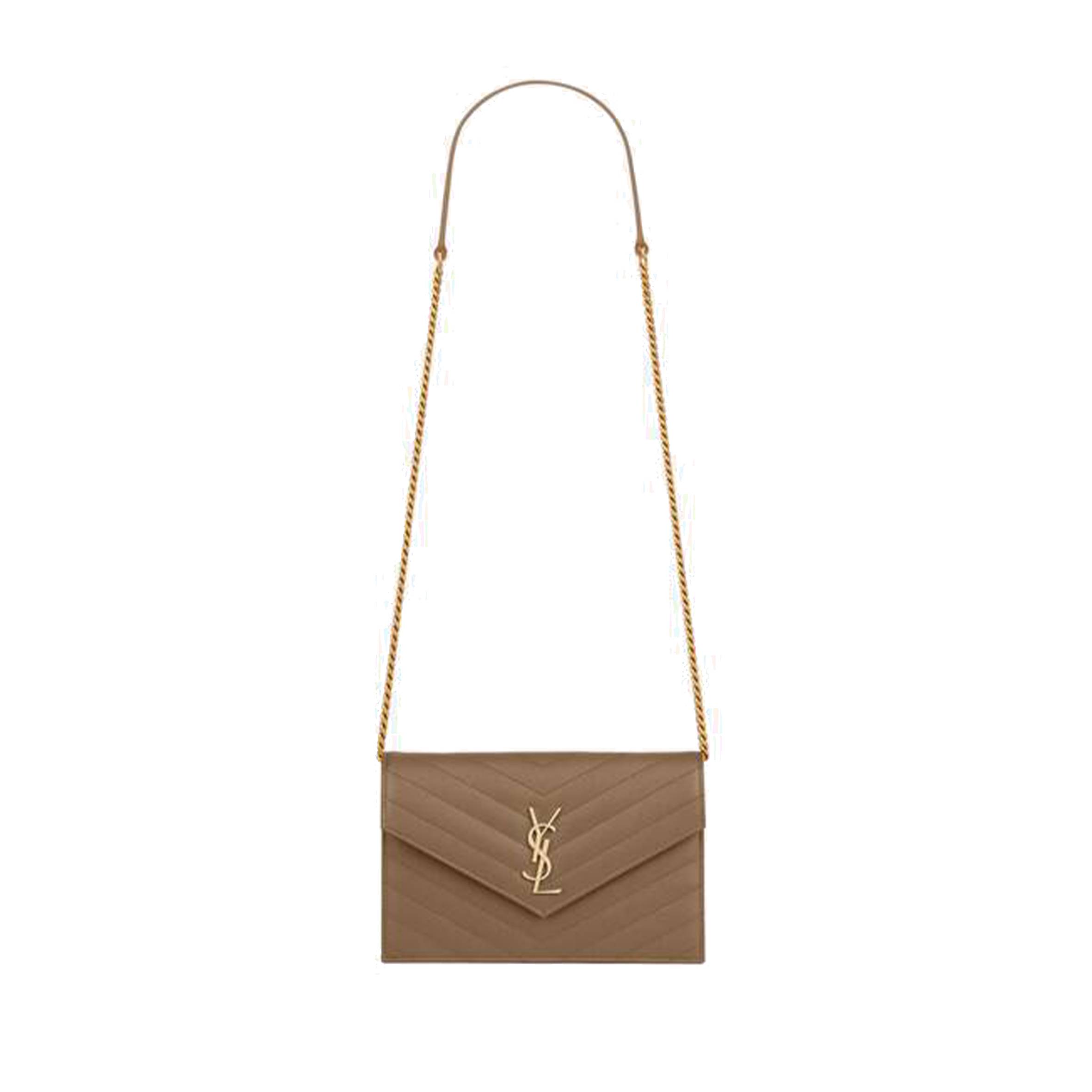 YSL CASSANDRE MATELASSÉ ENVELOPE CHAIN WALLET IN GRAIN DE POUDRE EMBOSSED LEATHER 695108BOW012346 (19*12.5*3.5cm)