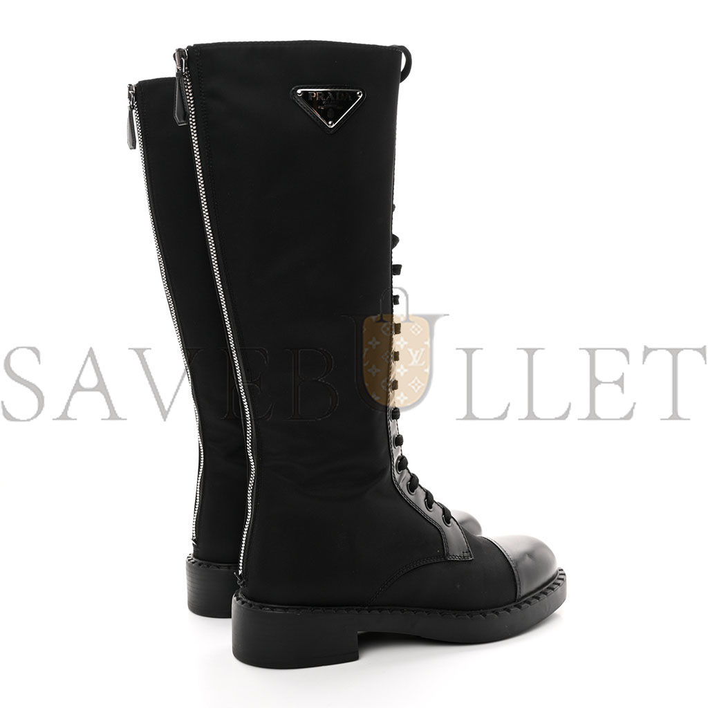 PRADA RE-NYLON SPAZZOLATO ROIS METAL TRIANGLE LOGO TALL 50MM COMBAT BOOTS 38.5 BLACK