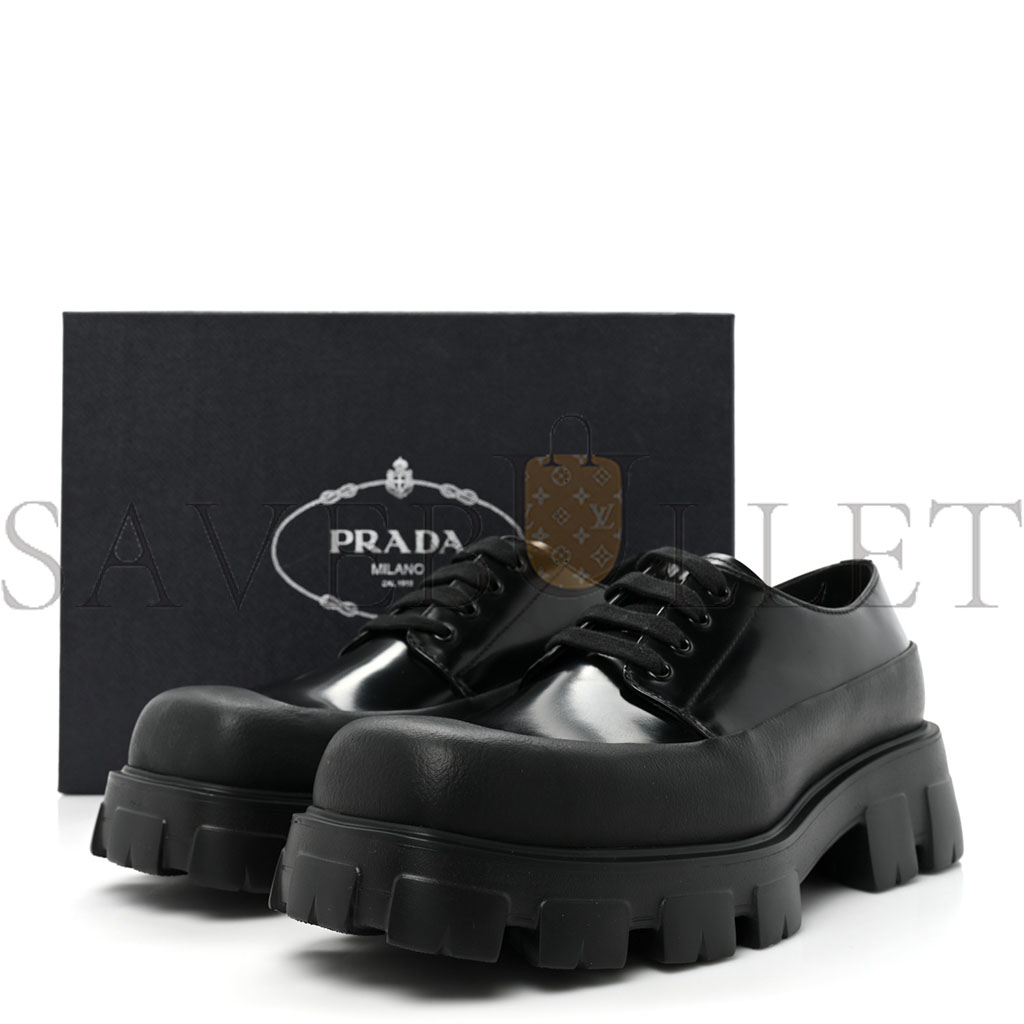 PRADA SPAZZOLATO MENS LACE UP 45MM DERBY LOAFERS 8 BLACK