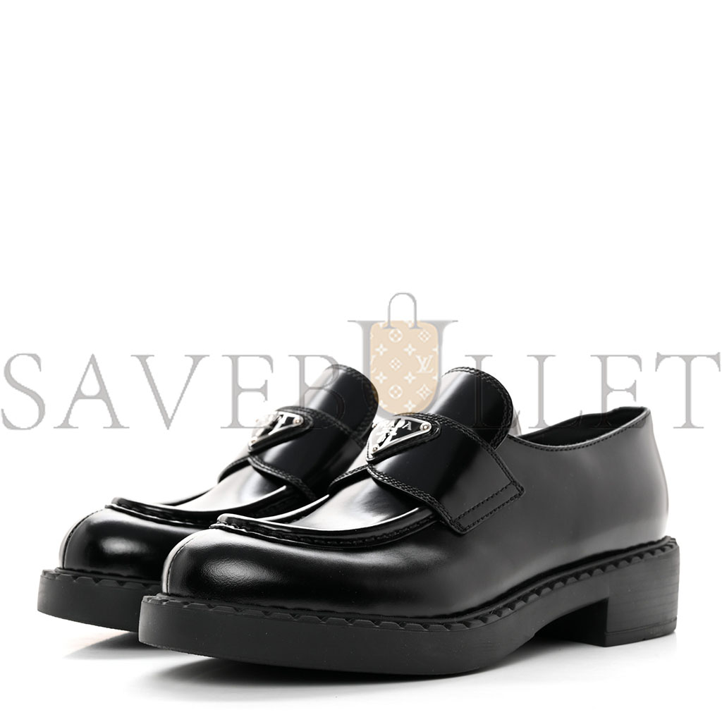 PRADA SPAZZOLATO METAL TRIANGLE LOGO 50MM LOAFERS 37.5 BLACK