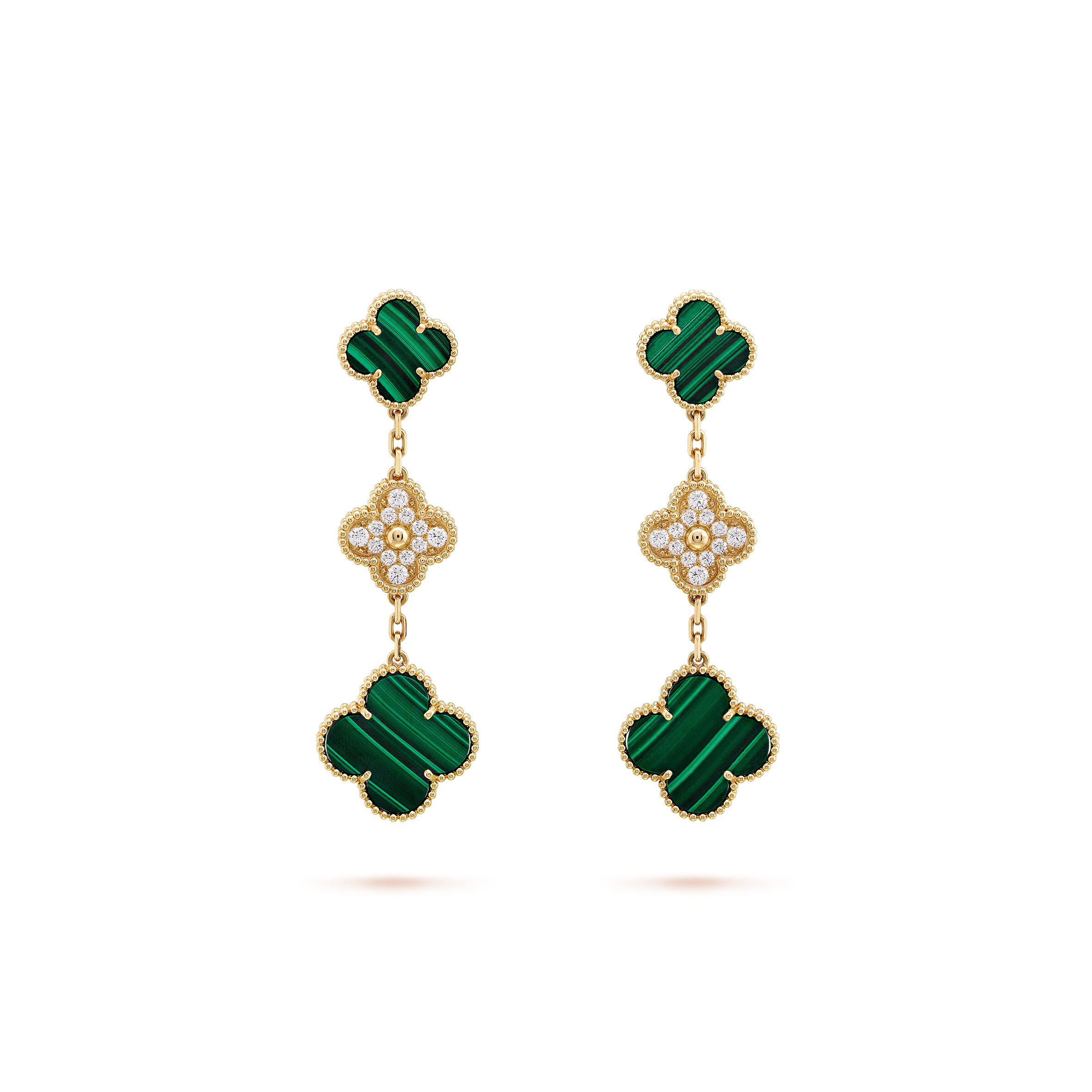 VAN CLEEF  ARPELS MAGIC ALHAMBRA EARRINGS, 3 MOTIFS - YELLOW GOLD, DIAMOND, MALACHITE  VCARO9II00