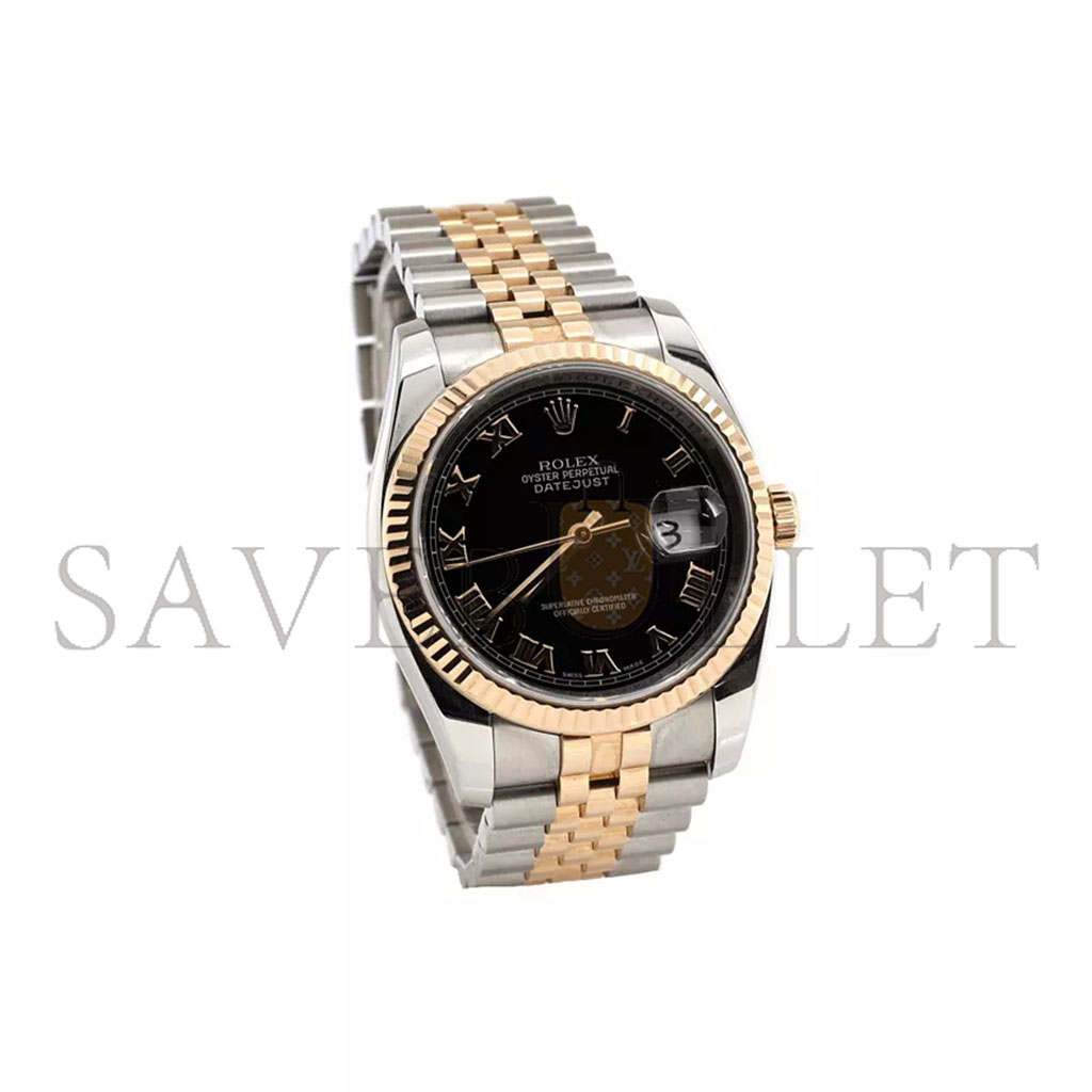 ROLEX DATEJUST FLUTED BEZEL BLACK ROMAN DIAL WATCH 116233