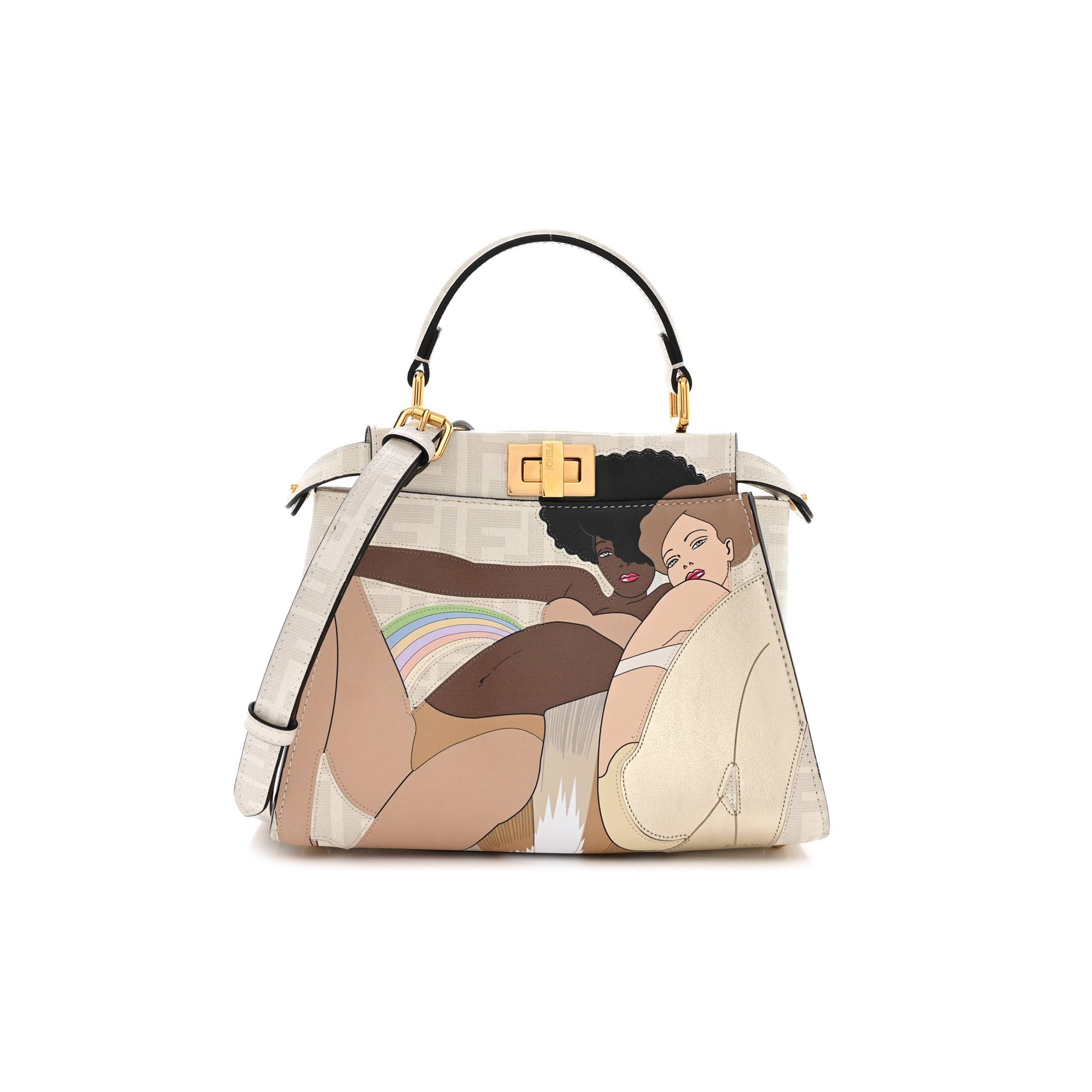 FENDI GLAZED FABRIC VITELLO FF BIKINI GIRLS INLAY MINI PEEKABOO ICONIC SATCHEL BIANCO PERLA MULTICOLOR (24*18*13cm)