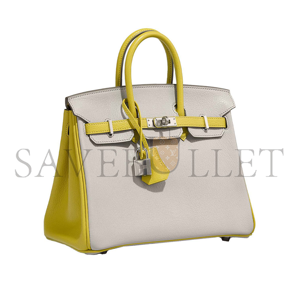 HERMÈS BIRKIN 25 SWIFT LEATHER PEARL GREY LEMON YELLOW SILVER BUCKLE BAG 3237 (25*20*13cm)