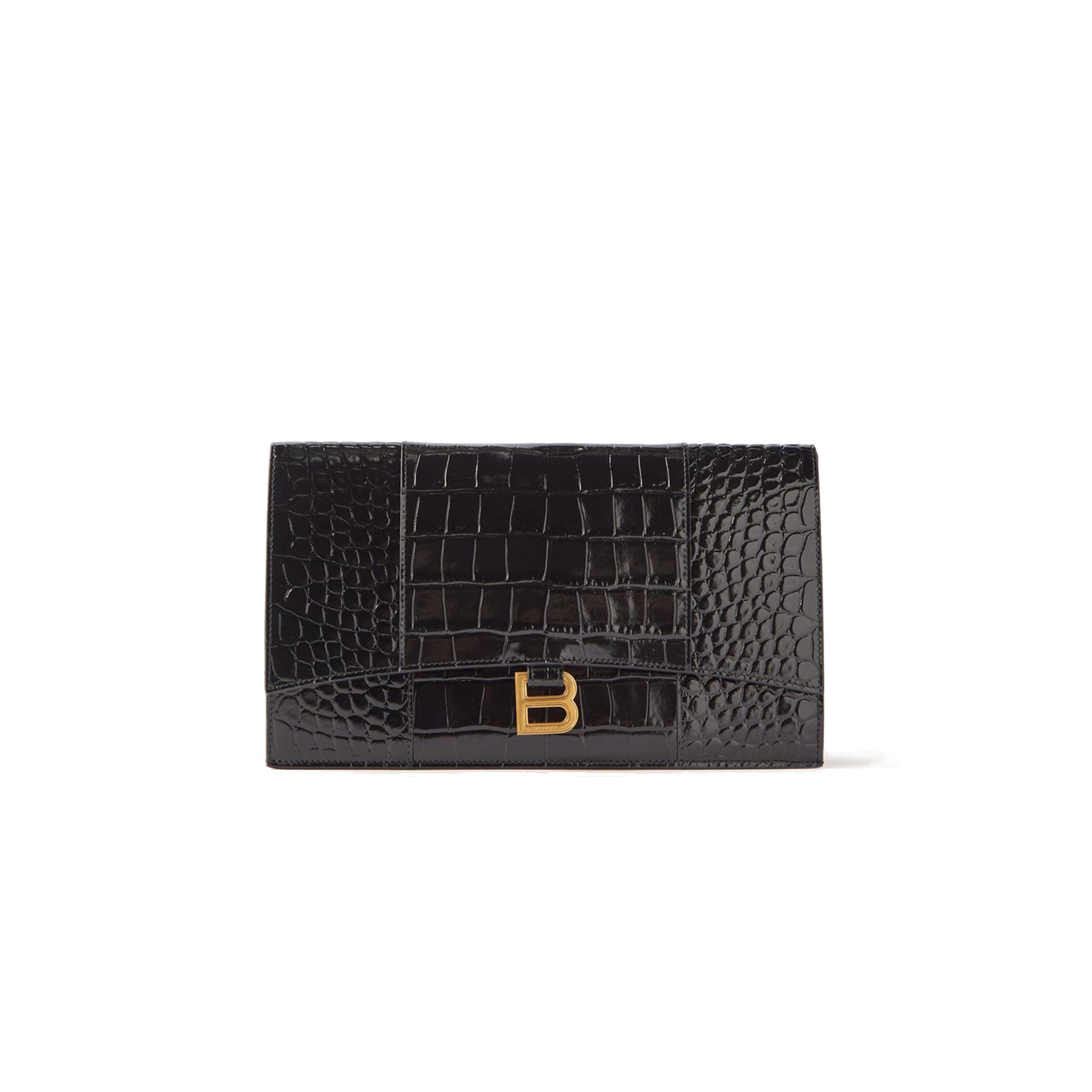 BALENCIAGA BLACK HOURGLASS CROCODILE-EFFECT LEATHER CLUTCH BAG  MATCHESFASHION US (27*16*2cm)