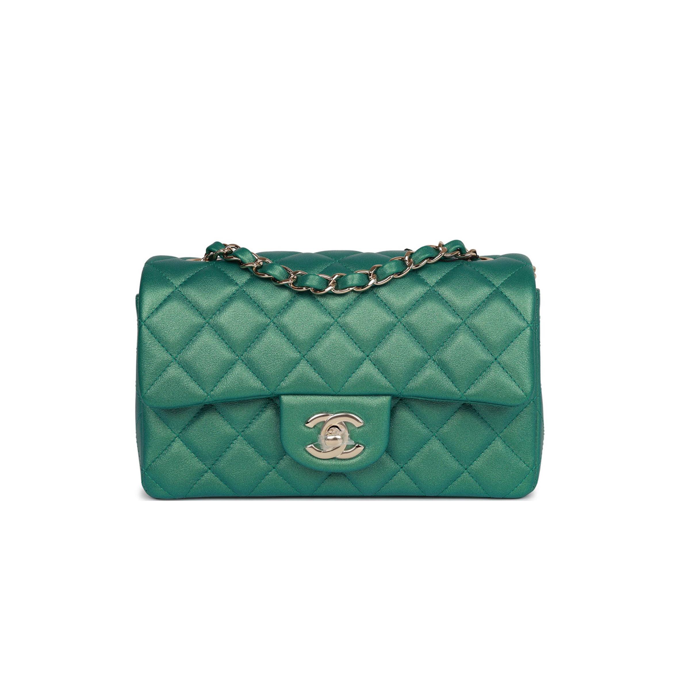 CHANEL MINI RECTANGULAR FLAP BAG GREEN IRIDESCENT QUILTED LAMBSKIN LIGHT GOLD HARDWARE (20*13*6cm)