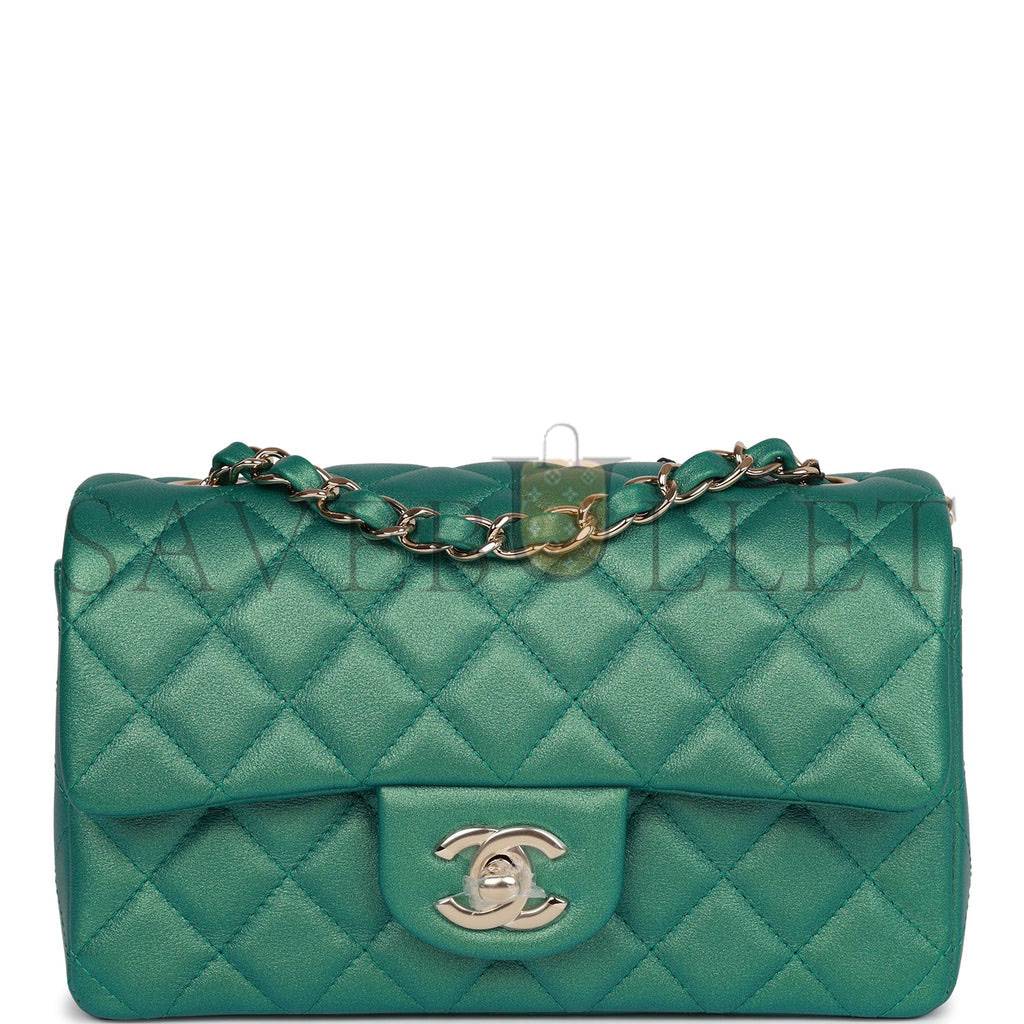 CHANEL MINI RECTANGULAR FLAP BAG GREEN IRIDESCENT QUILTED LAMBSKIN LIGHT GOLD HARDWARE (20*13*6cm)