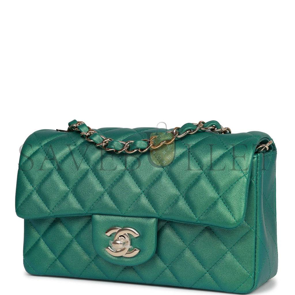 CHANEL MINI RECTANGULAR FLAP BAG GREEN IRIDESCENT QUILTED LAMBSKIN LIGHT GOLD HARDWARE (20*13*6cm)