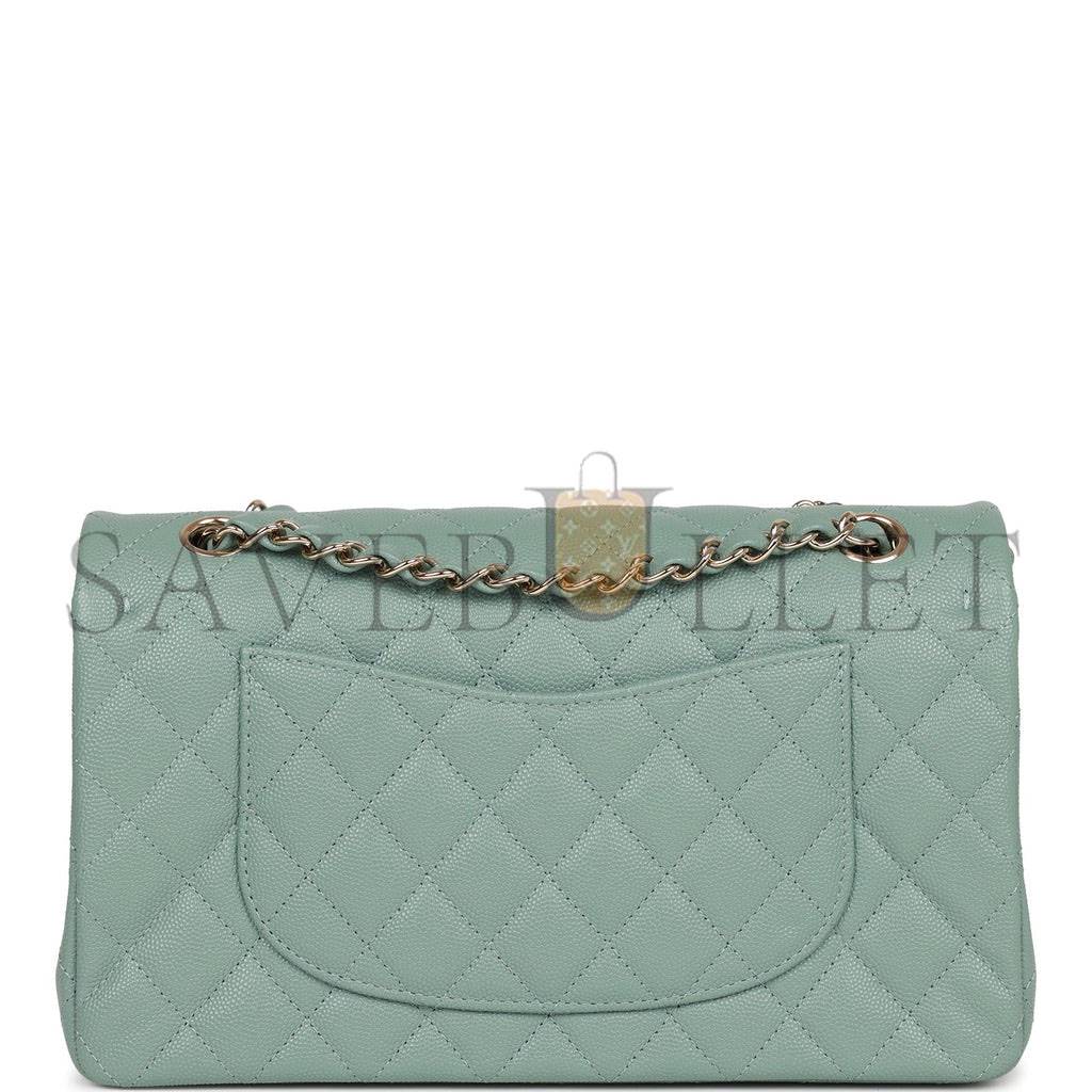 CHANEL MEDIUM CLASSIC DOUBLE FLAP BAG GREEN CAVIAR LIGHT GOLD HARDWARE (25*15*7cm)