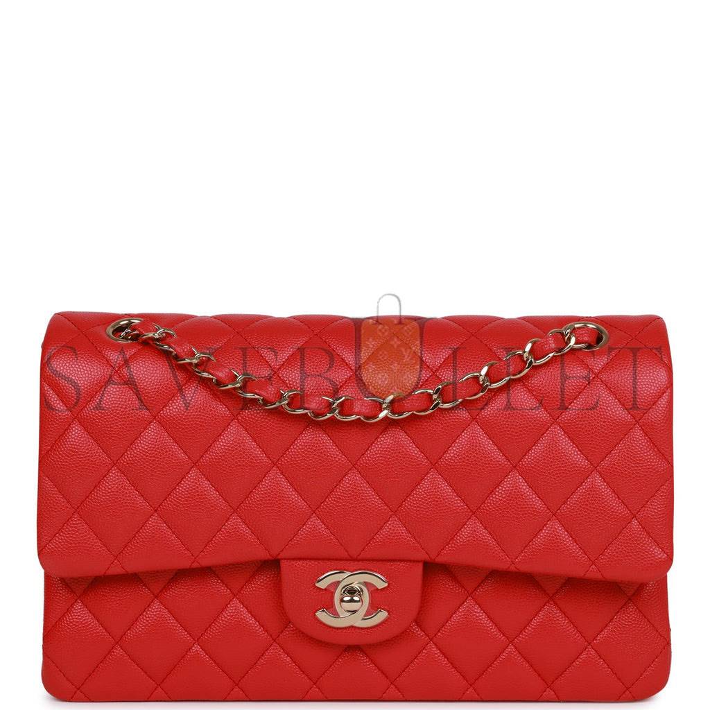 CHANEL MEDIUM CLASSIC DOUBLE FLAP BAG RED CAVIAR LIGHT GOLD HARDWARE (25.5*15.5*6.5cm)