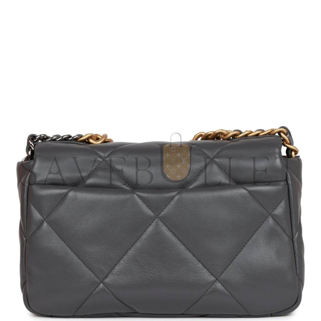 CHANEL MEDIUM 19 FLAP BAG GREY CALFSKIN MIXED HARDWARE (25*16*9cm)