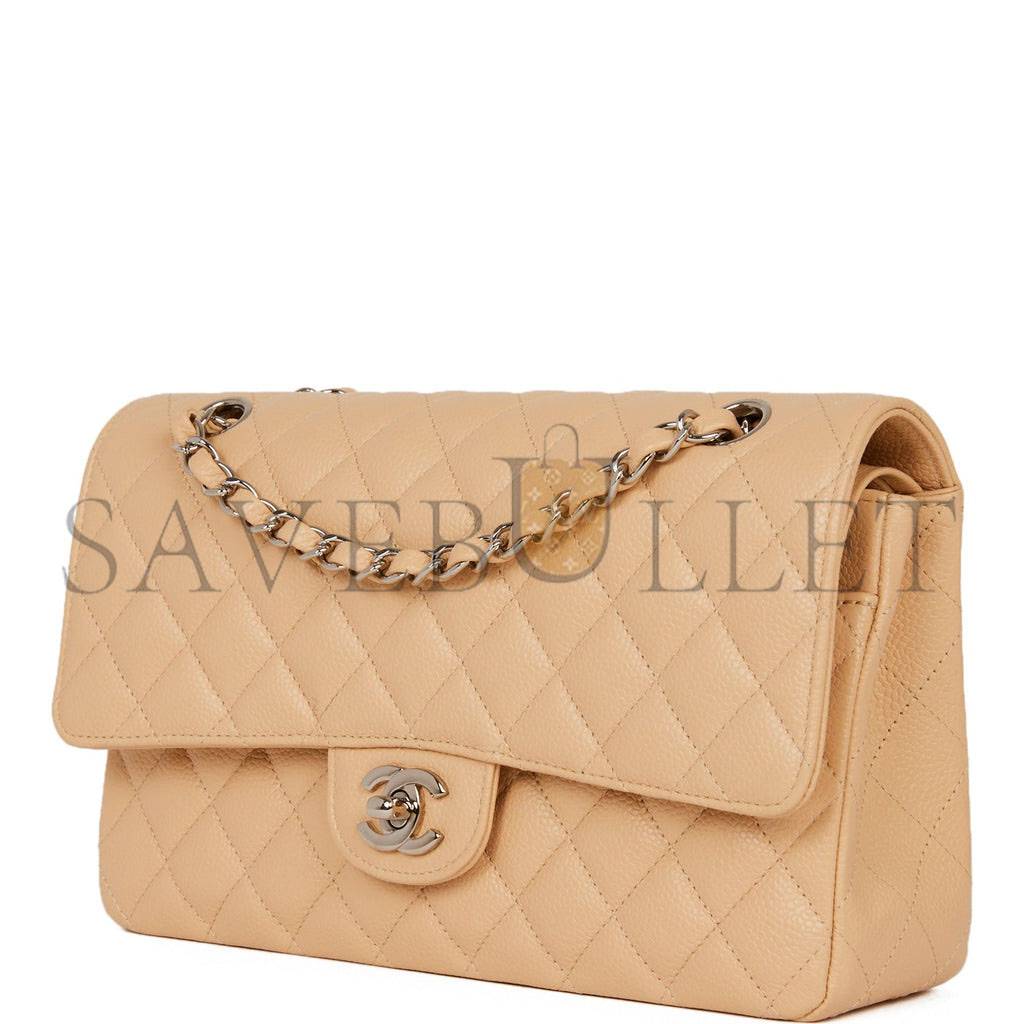 CHANEL MEDIUM CLASSIC DOUBLE FLAP BAG BEIGE CAVIAR SILVER HARDWARE (25*15*7cm)