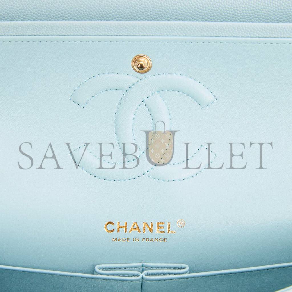 CHANEL MEDIUM CLASSIC DOUBLE FLAP BAG BLUE QUILTED CAVIAR LIGHT GOLD HARDWARE (25*15*7cm)