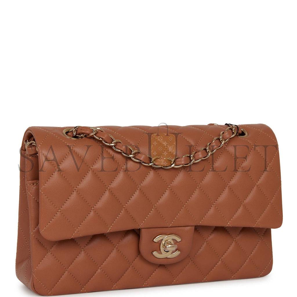 CHANEL MEDIUM CLASSIC DOUBLE FLAP BAG CARAMEL LAMBSKIN LIGHT GOLD HARDWARE (25*15*7cm)