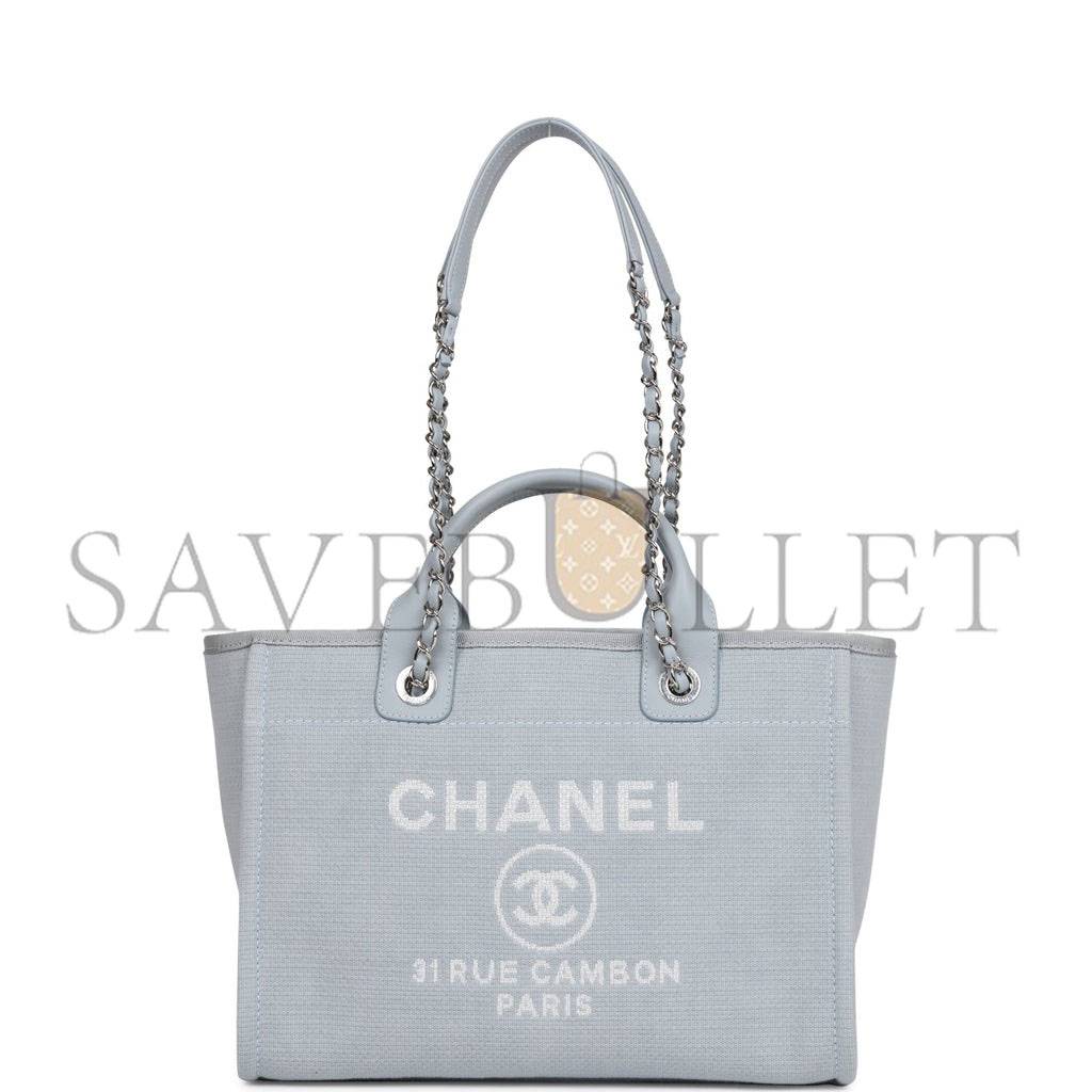 CHANEL SMALL DEAUVILLE SHOPPING BAG BLUE BOUCLE SILVER HARDWARE (34*27*15cm)