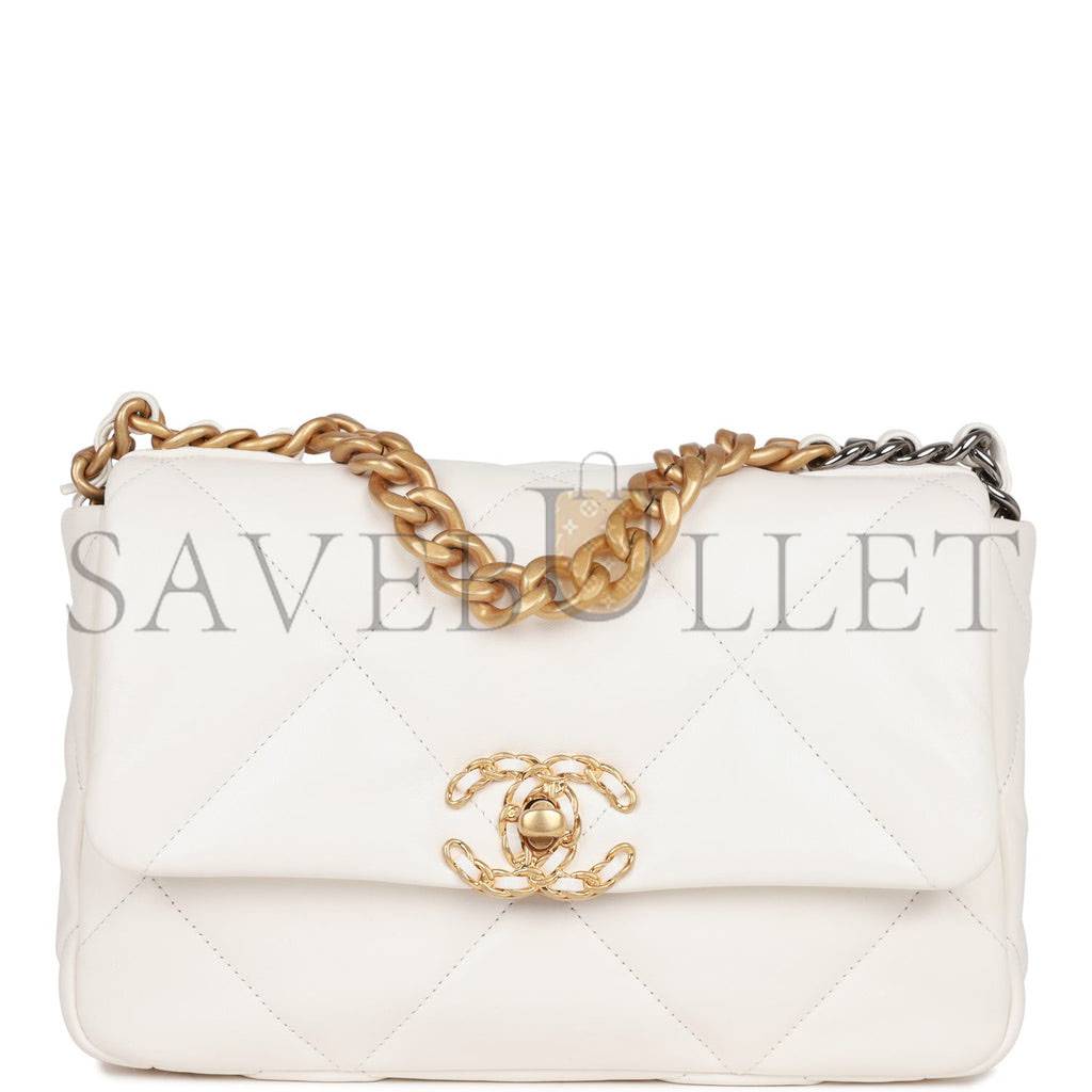 CHANEL MEDIUM 19 FLAP BAG WHITE CALFSKIN MIXED HARDWARE (25*16*9cm)