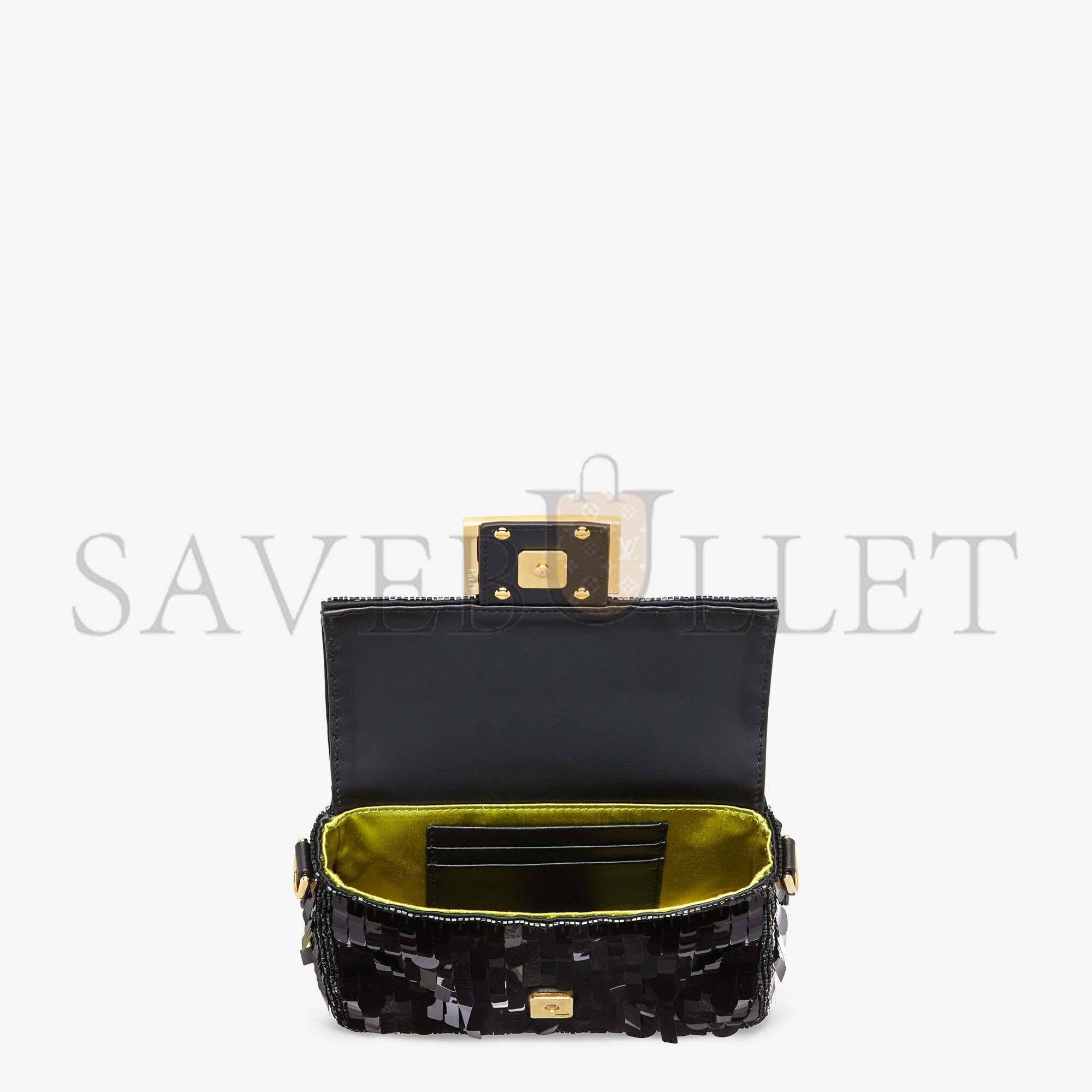 FENDI BAGUETTE MINI - BLACK SEQUIN AND LEATHER BAG 8BS017AMP0F0KUR (20*13*5cm)