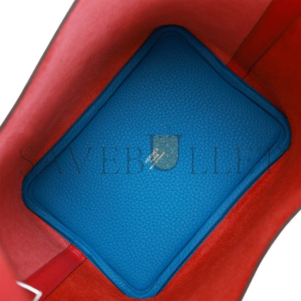 HERMES PICOTIN LOCK 18 CASAQUE ROUGE DE COEUR, ROSE EXTREME AND BLEU ZANZIBAR CLEMENCE PALLADIUM HARDWARE (18*13*18cm)