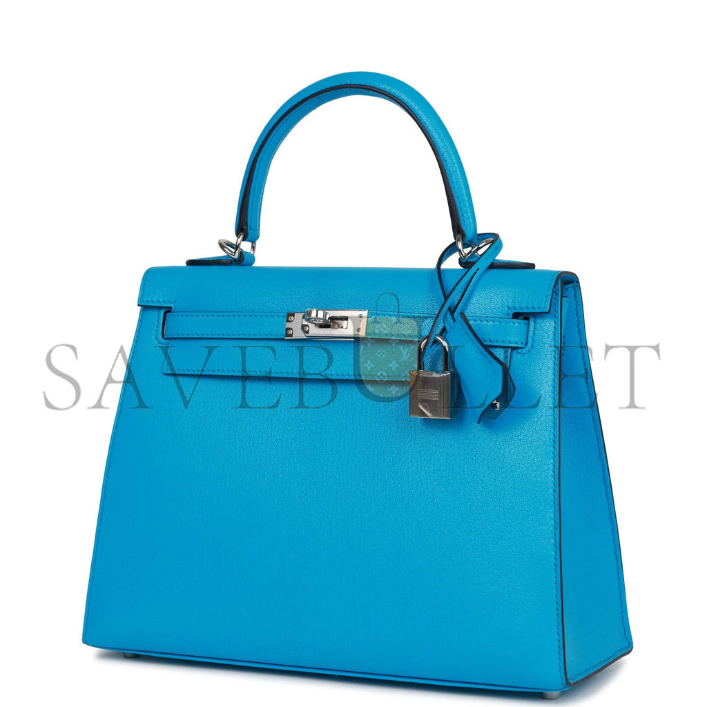 HERMES KELLY SELLIER 25 BLEU FRIDA CHEVRE PALLADIUM HARDWARE (25*17*7cm)