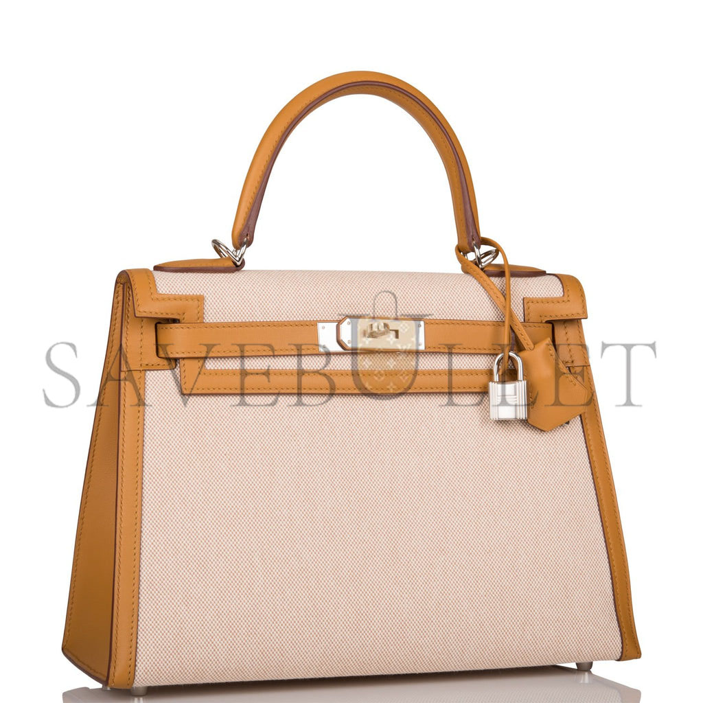 HERMES KELLY SELLIER 28 SESAME TOILE AND SWIFT PALLADIUM HARDWARE (28*22*10cm)