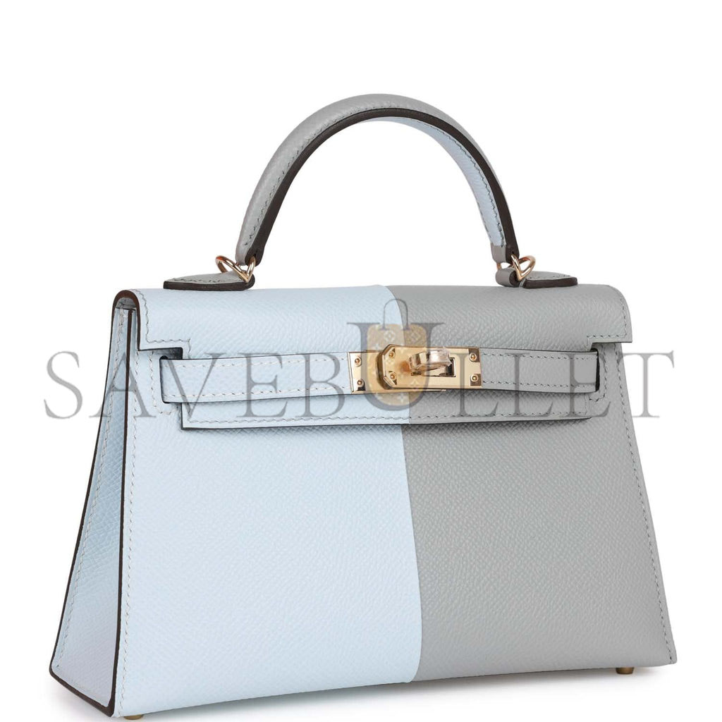 HERMES SPECIAL ORDER (HSS) KELLY MINI SELLIER 20 CASAQUE BLEU BRUME AND GRIS MEYER EPSOM PERMABRASS HARDWARE (19*12*5.5cm)