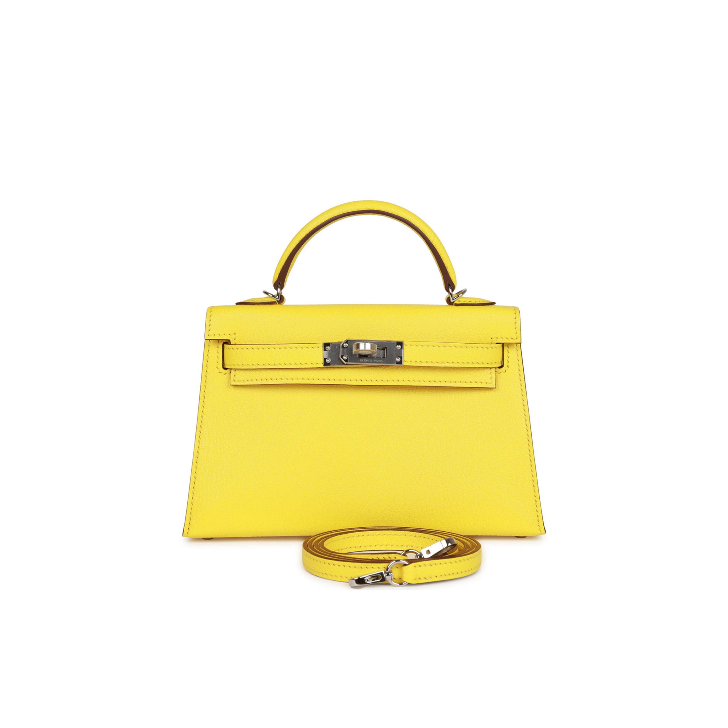 HERMES MINI KELLY SELLIER 20 JAUNE CITRON CHÈVRE PALLADIUM HARDWARE (19*12*5.5cm)