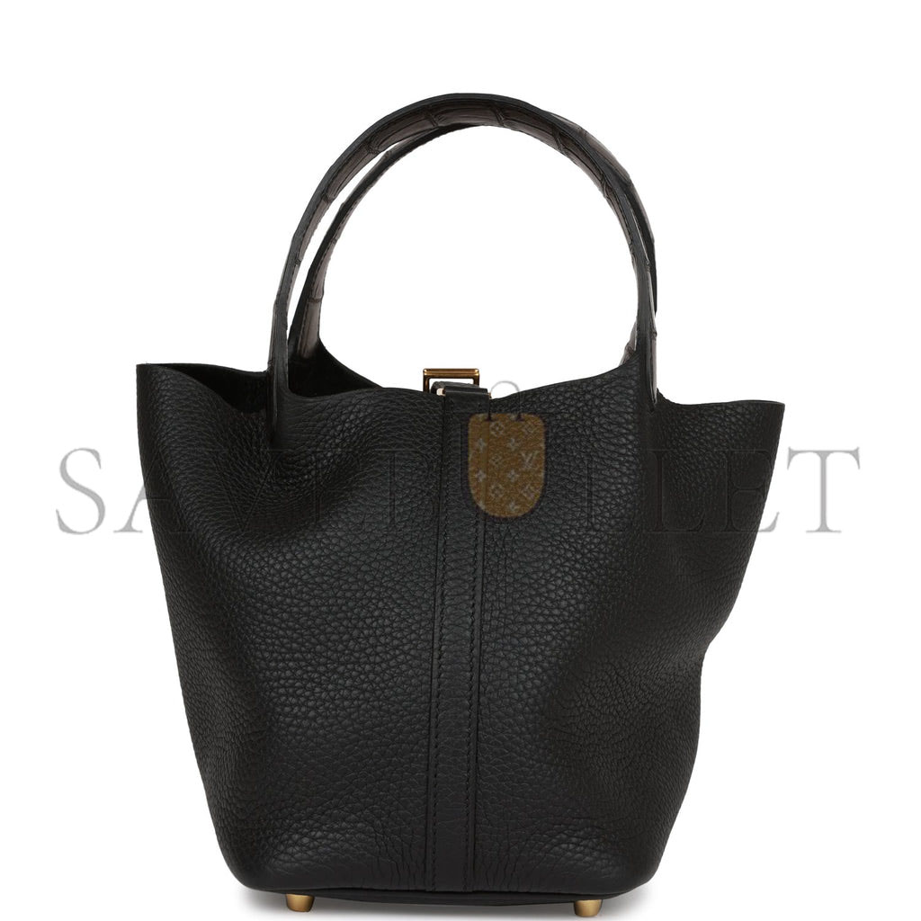 HERMES PICOTIN LOCK 18 BLACK MATTE ALLIGATOR AND CLEMENCE TOUCH GOLD HARDWARE (18*13*18cm)