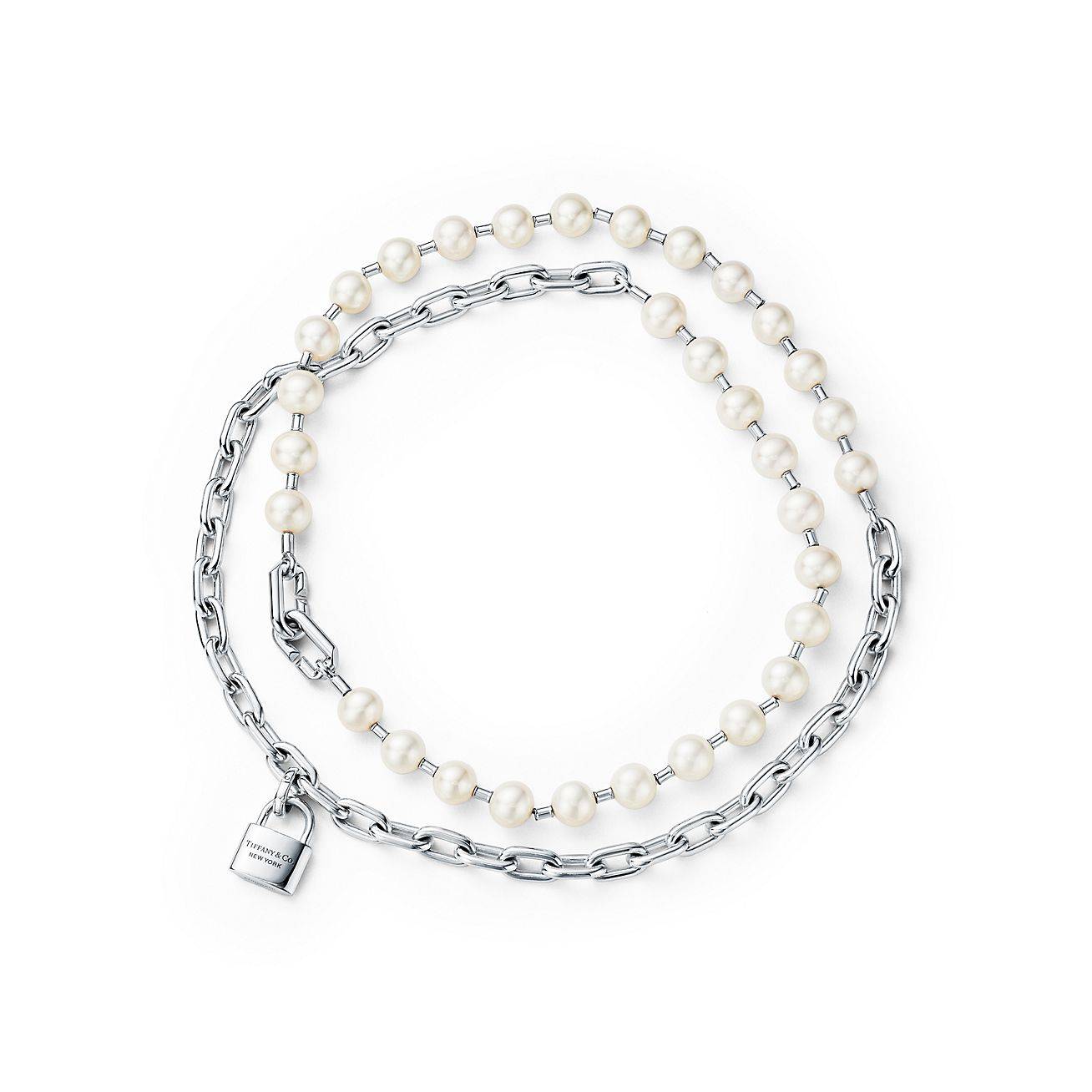 TIFFANY HARDWEAR PEARL LOCK NECKLACE IN SILVER, 9-10 MM