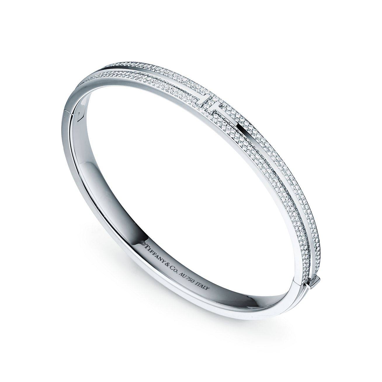 Tiffany T Pavé Diamond Hinged Bangle in 18k White Gold