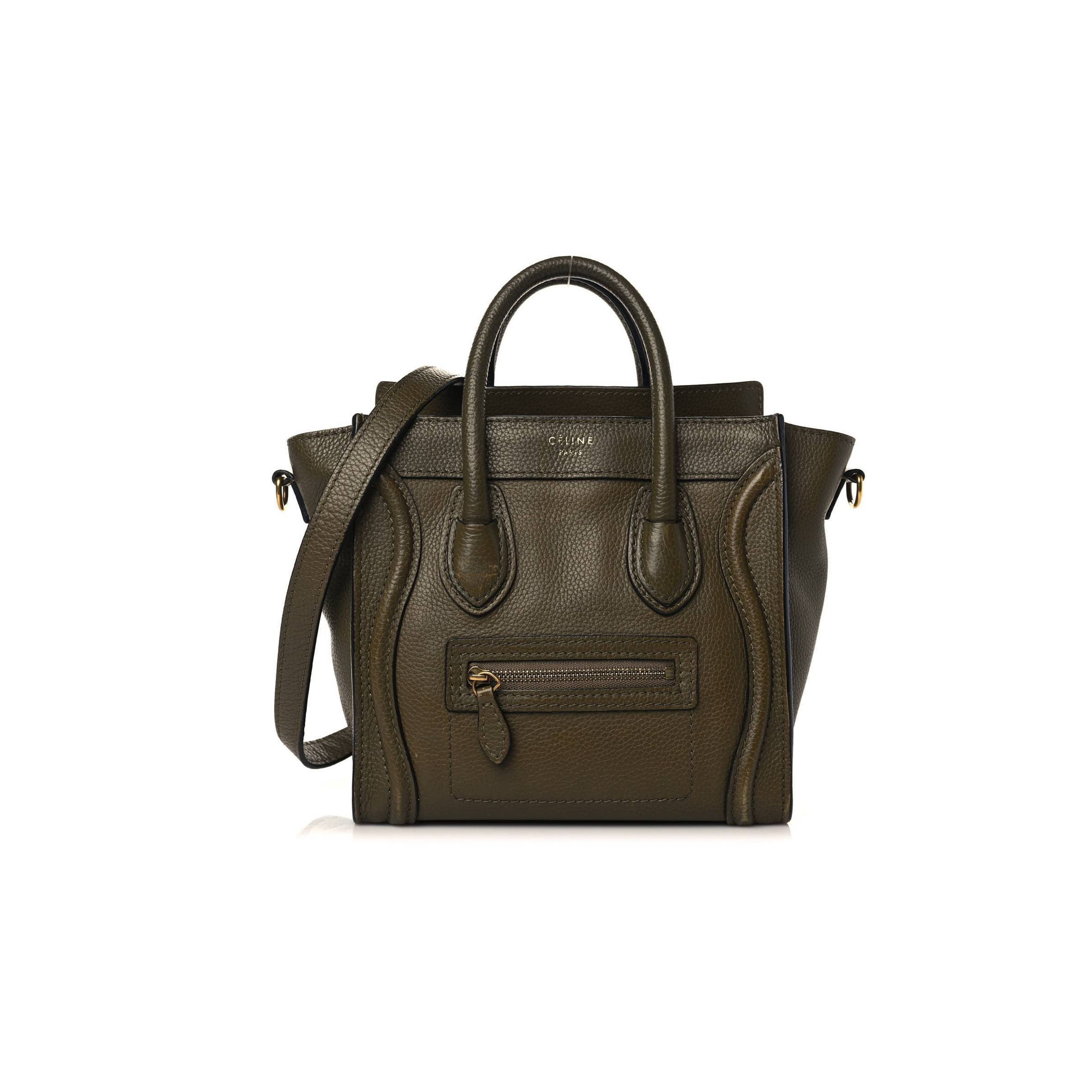 CELINE DRUMMED CALFSKIN NANO LUGGAGE DARK OLIVE (20*10*18cm)