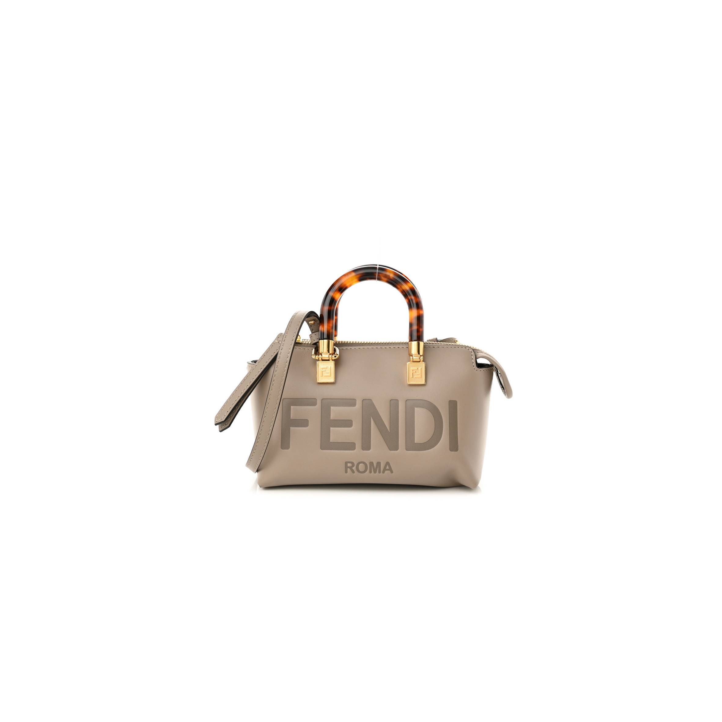 FENDI VITELLO KING PLEXIGLASS LOGO EMBOSSED MINI BY THE WAY TOP HANDLE BOSTON BAG TORTORA (18*11*8cm) 